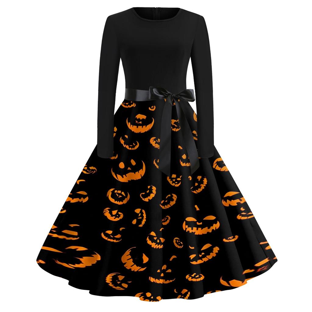 Women's Casual Halloween Print Long Sleeve Round Neck Vintage Style Dress with Waist Tie Belt Comfortable Fit