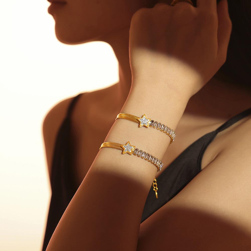 Blade Chain Pentagram Spell Rectangular Zircon Bracelet Light Luxury Titanium Steel Plated 18K Gold Jewelry
