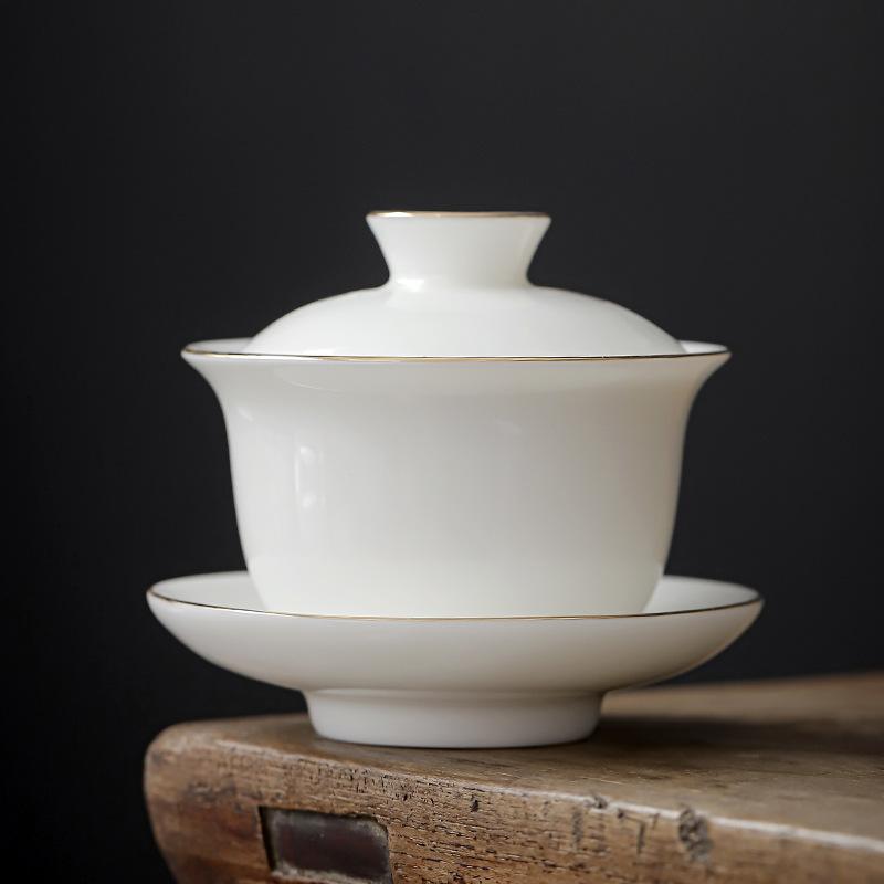 Suet jade white porcelain drawing Phnom Penh Sancai cover bowl teacup Kung Fu tea set tea bowl pure white large warm brewing tea bowl