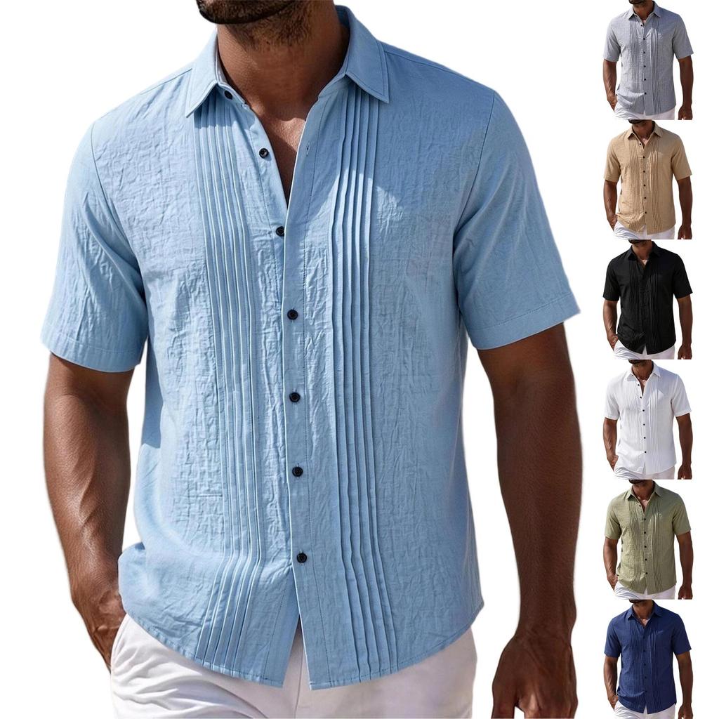Men's Linen Shirt Short Sleeve Button Front Pleated Casual Summer