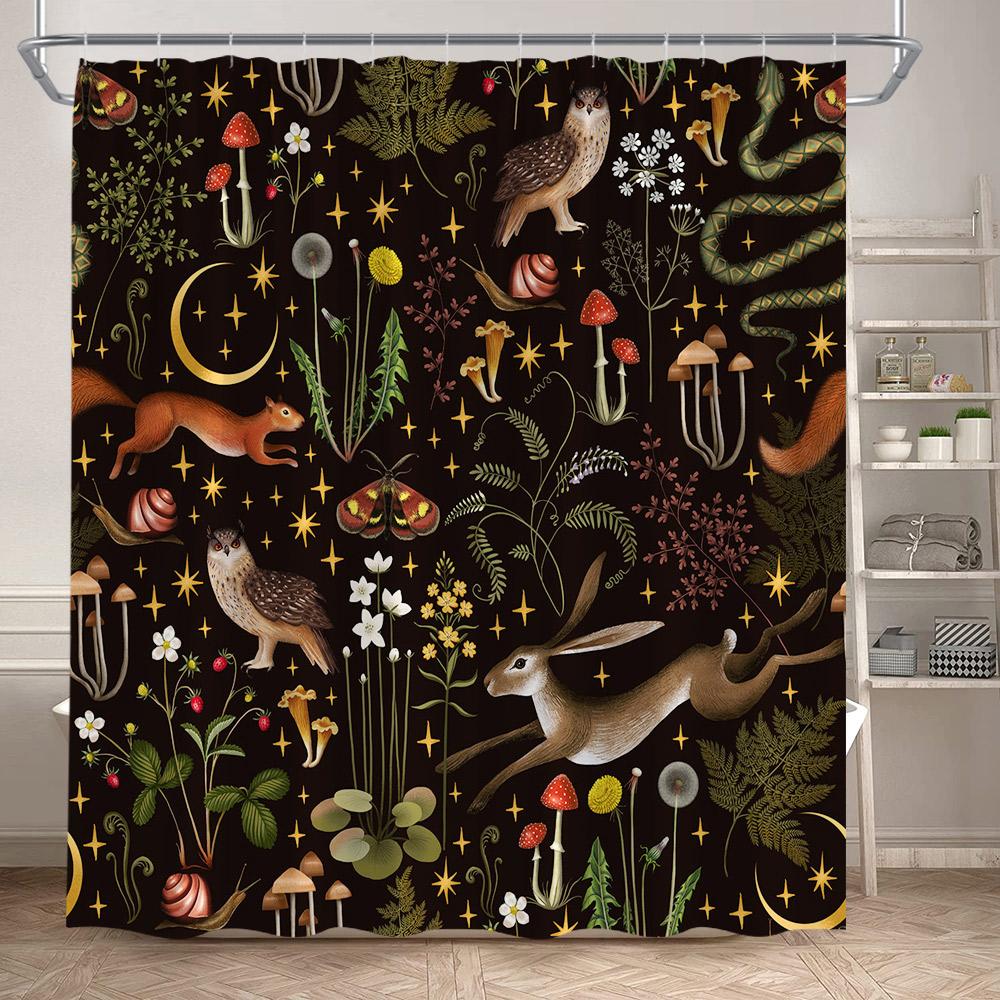 

Rustic Mushroom Shower Curtain Floral Plant Leaves Moth Dragonfly Black Bathroom Curtains Polyester Fabric Home Decor with Hooks 120x180cm-47x70in