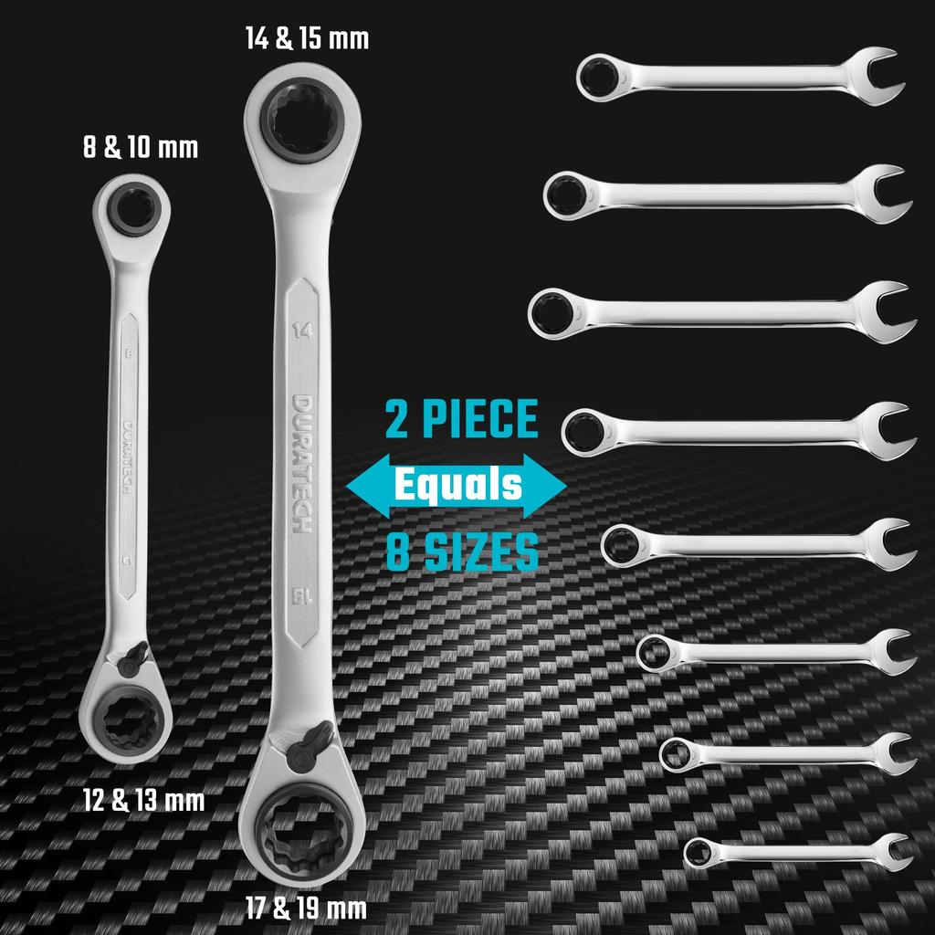 DURATECH Ratchet Wrench Angled Ratchet Straight Type with Directional 72 Storage Bag Set of 2 4-in-1 Set, Wrench, Lever, Gears, CR-V Steel,
