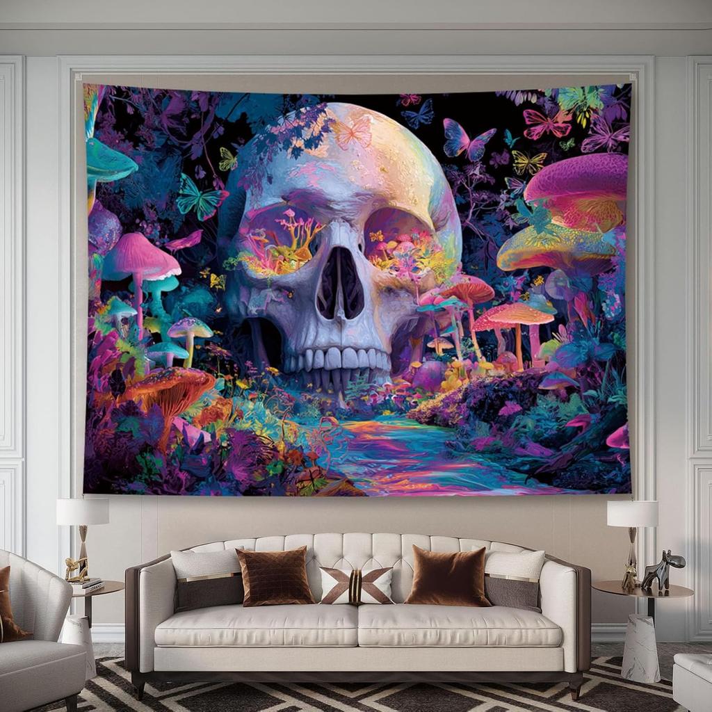 Flaming Skull Rider on Motorcycle and Horse Wall Mural 2D HD Print Action Scene Fantasy Art Dark Theme Home Bedroom Tapestry