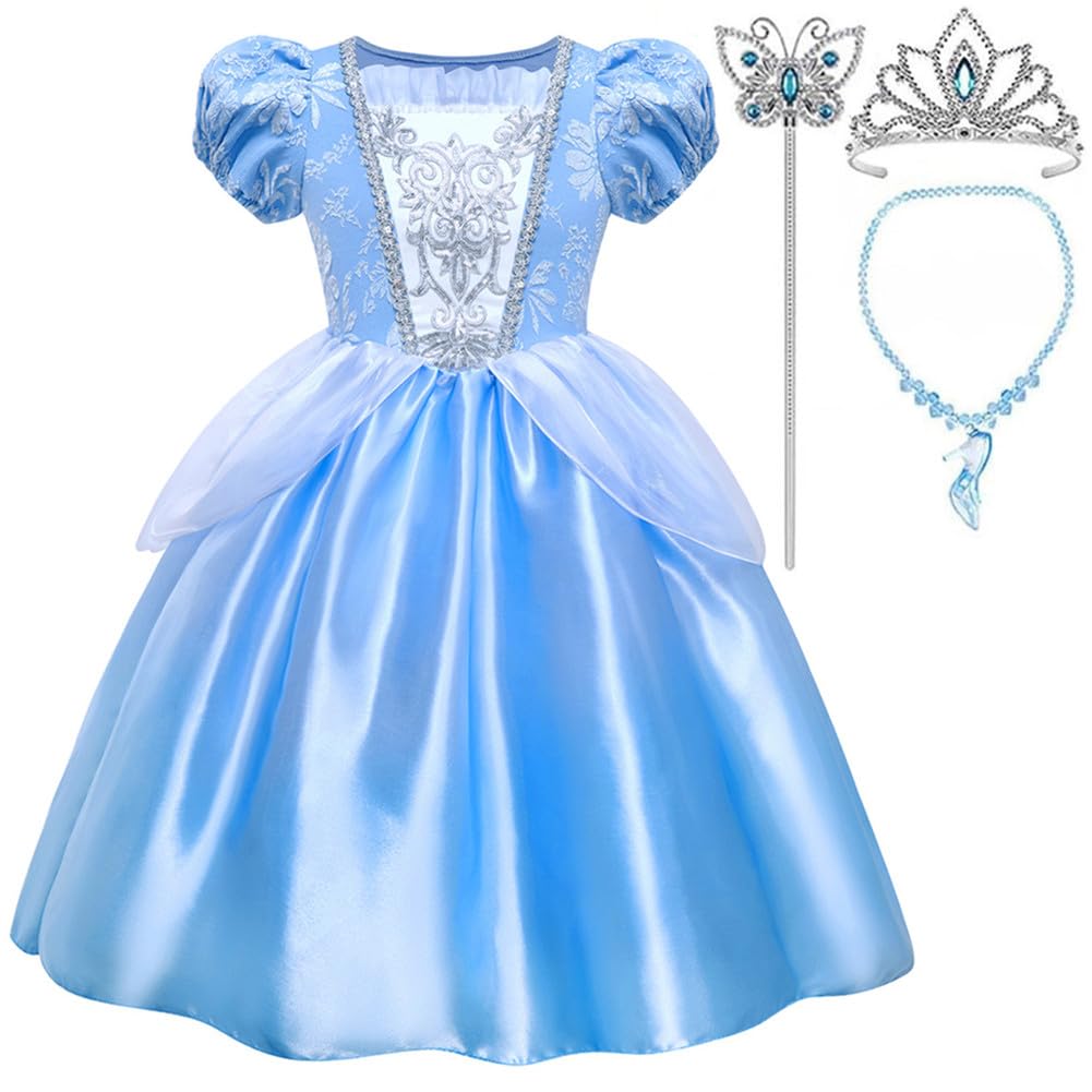 

TYHTYM Princess Cosplay Costume Set and Blue Perfect for Photo and Amusement Parks Dress, Kids 4-Piece (Cinderella Dress, Crown, Wand, Necklace),