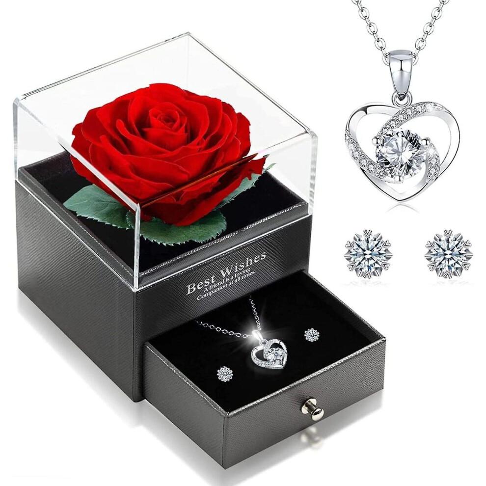 Eternal Real Rose with Heart Necklace Earrings 925 Sterling Silver Jewelry Gift Box Rose Box Birthday Valentine's Day Wedding Anniversary Gift for Gir