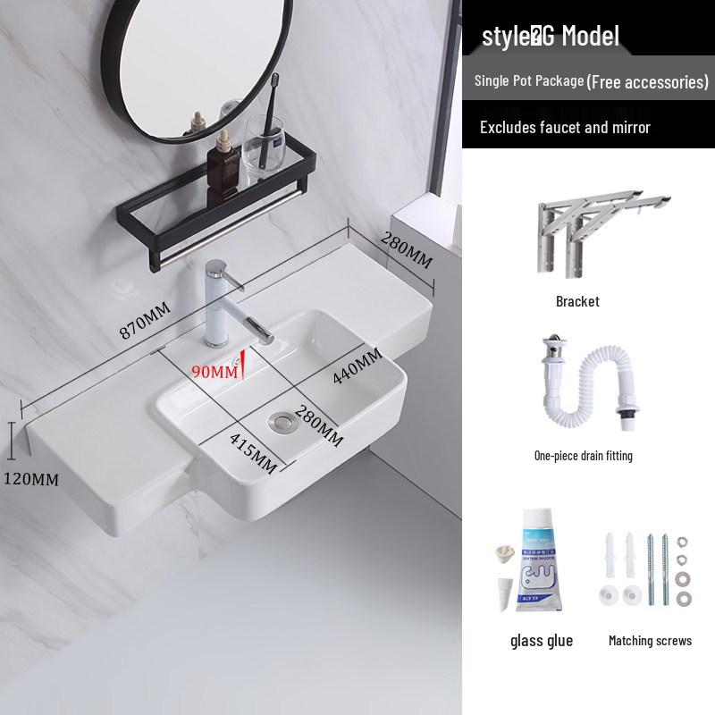 88 cm Wall-Mounted Ceramic Washbasin for Bathroom or Balcony