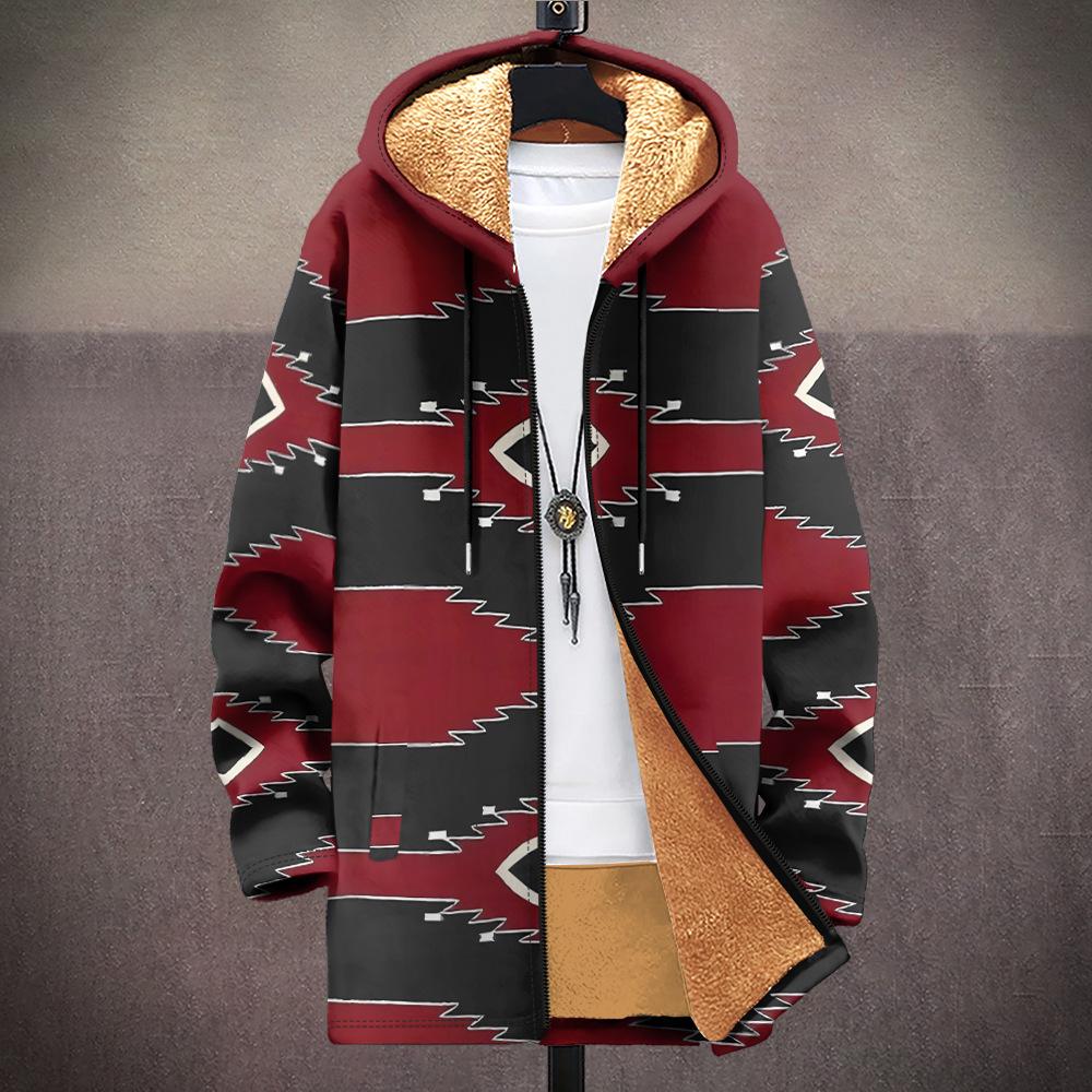 New Jacket: Multi-colored Pattern Elements, Zipper Hooded Cardigan, Thickened Winter Fleece Padded Clothes, Yellow Lining, Trendy Cotton Clothes