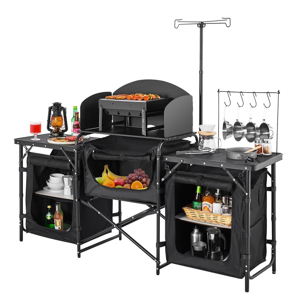 VEVOR Camping Kitchen Table, Outdoor Camp Cooking Table, Aluminum Portable Cook Station with 3 Storage Cupboard, Carrying Bag, Detachable Windscreen