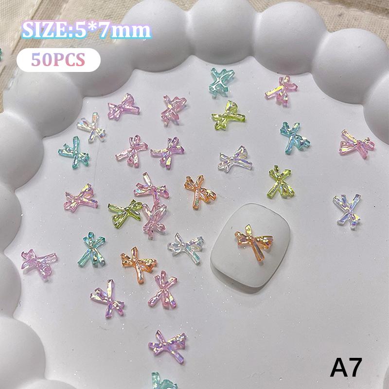 50Pcs Manicures Decoration Charm Colorful Bow Nail Art Accessory Illusionary AB Color Resin Ribbon Bows