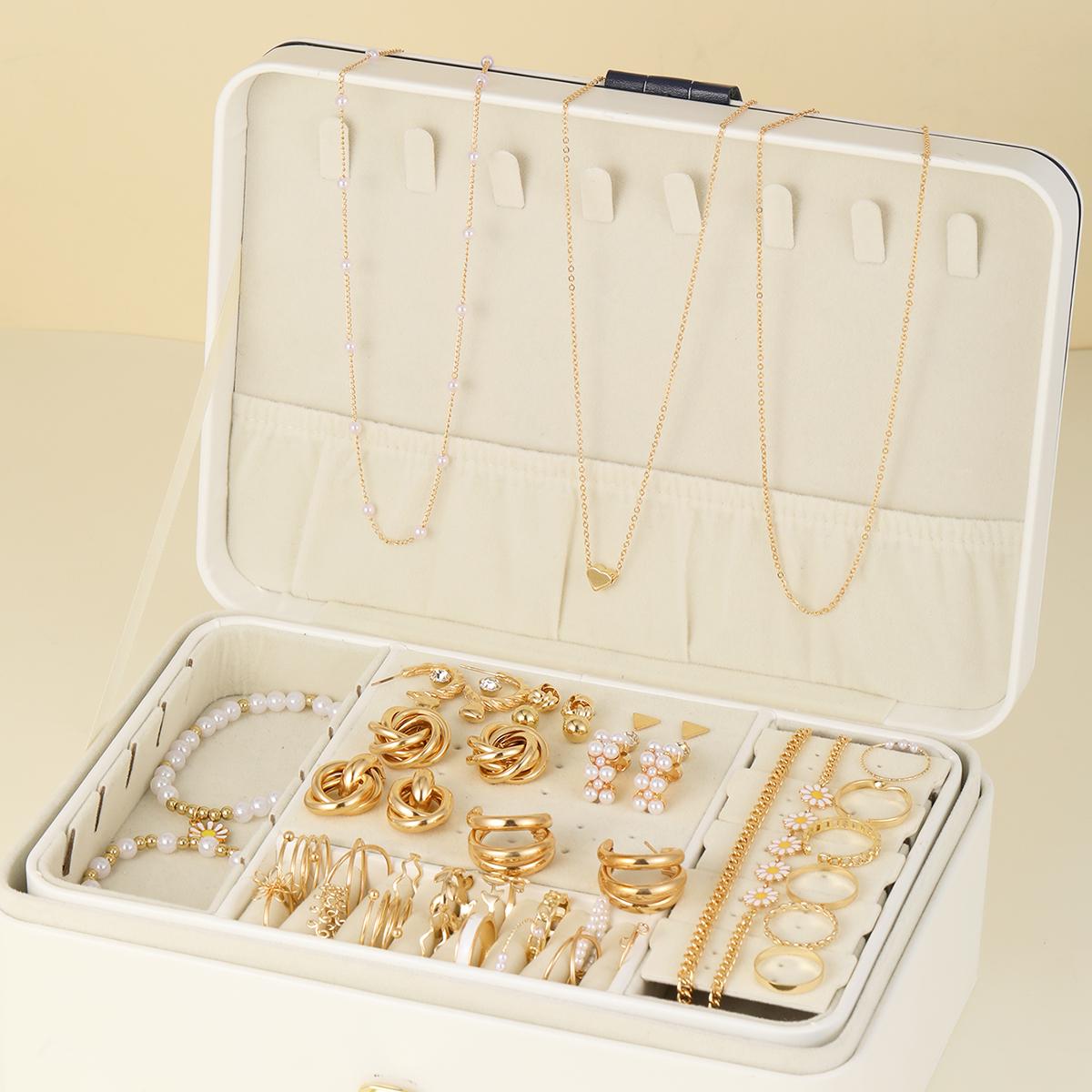 

48Pcs/Set Vintage Elegant Necklace Earring Bracelet Ring For Women Fashion Pearl Zircon Flower Heart Pendant Gold Color Jewelry