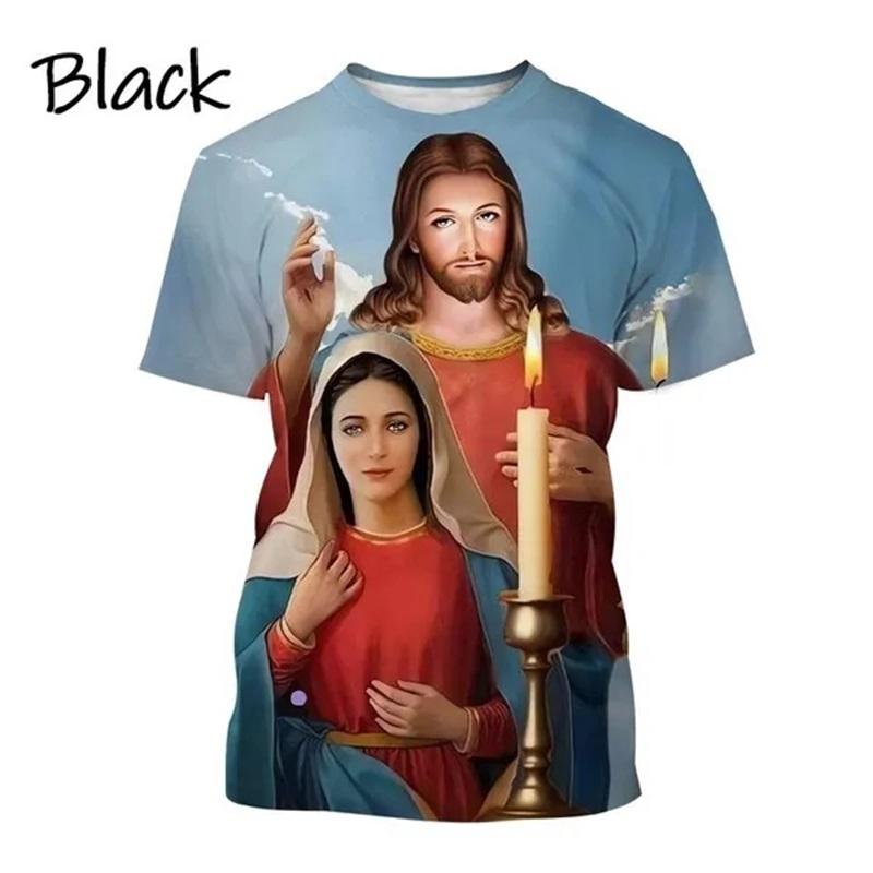 Christliches T-Shirt mit der Jungfrau Maria und der Mutter Gottes für Männer, Jesus liebt, lässiges Rundhals-T-Shirt, kurzärmelig, übergroßes Herren-T-Shirt