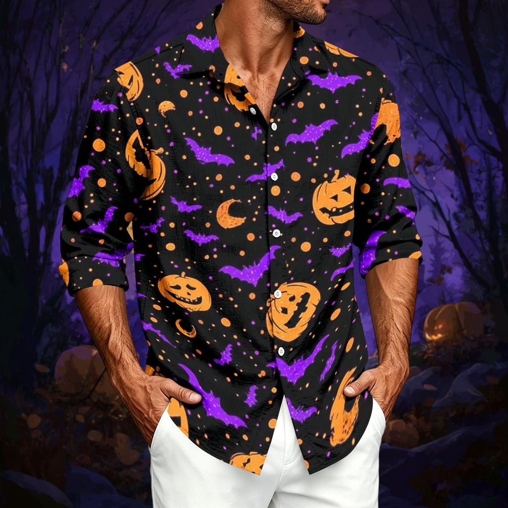 Men's Casual Long-Sleeve Shirt with Halloween Print for Spring ,Summer and Fall