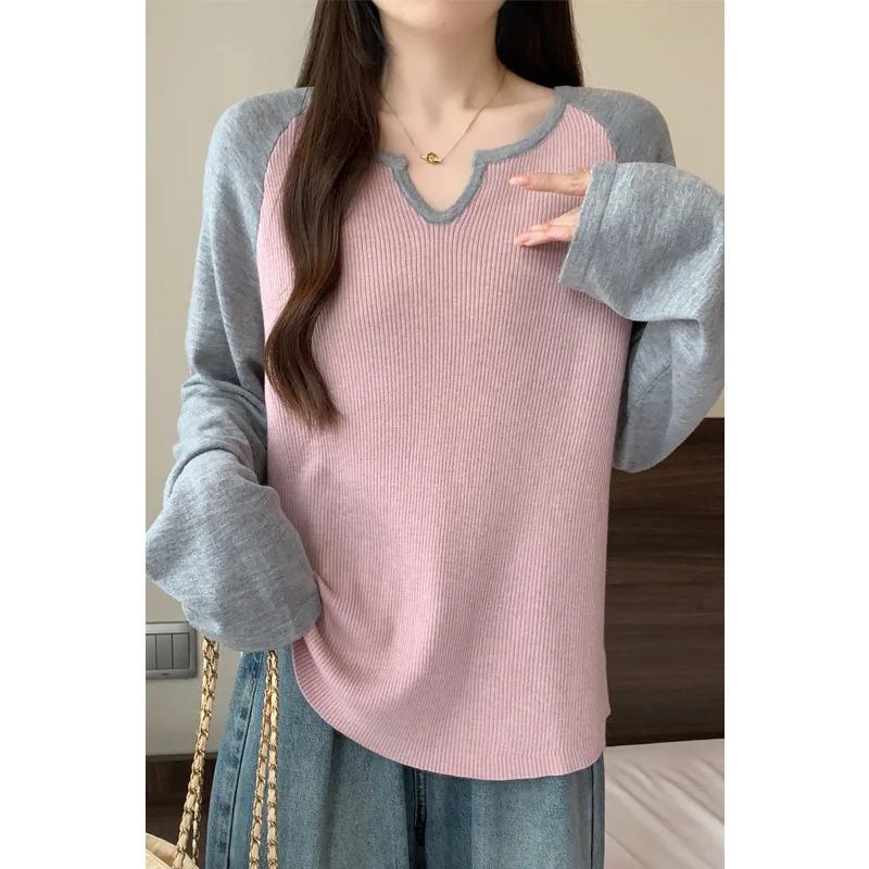 Women's Autumn New Long-sleeved T-shirt for Women Loose Belly-covering Stitching Contrasting Color Sweet Top