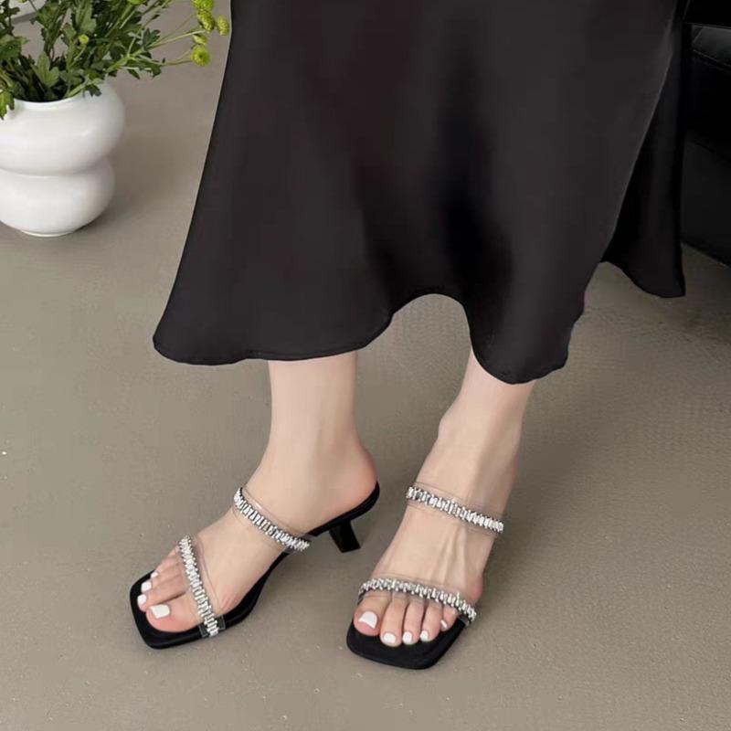 New Rhinestone Cool Drag Women's Summer New Outward Wear Square Head Transparent Belt Thin Heel Temperament Flip-flops
