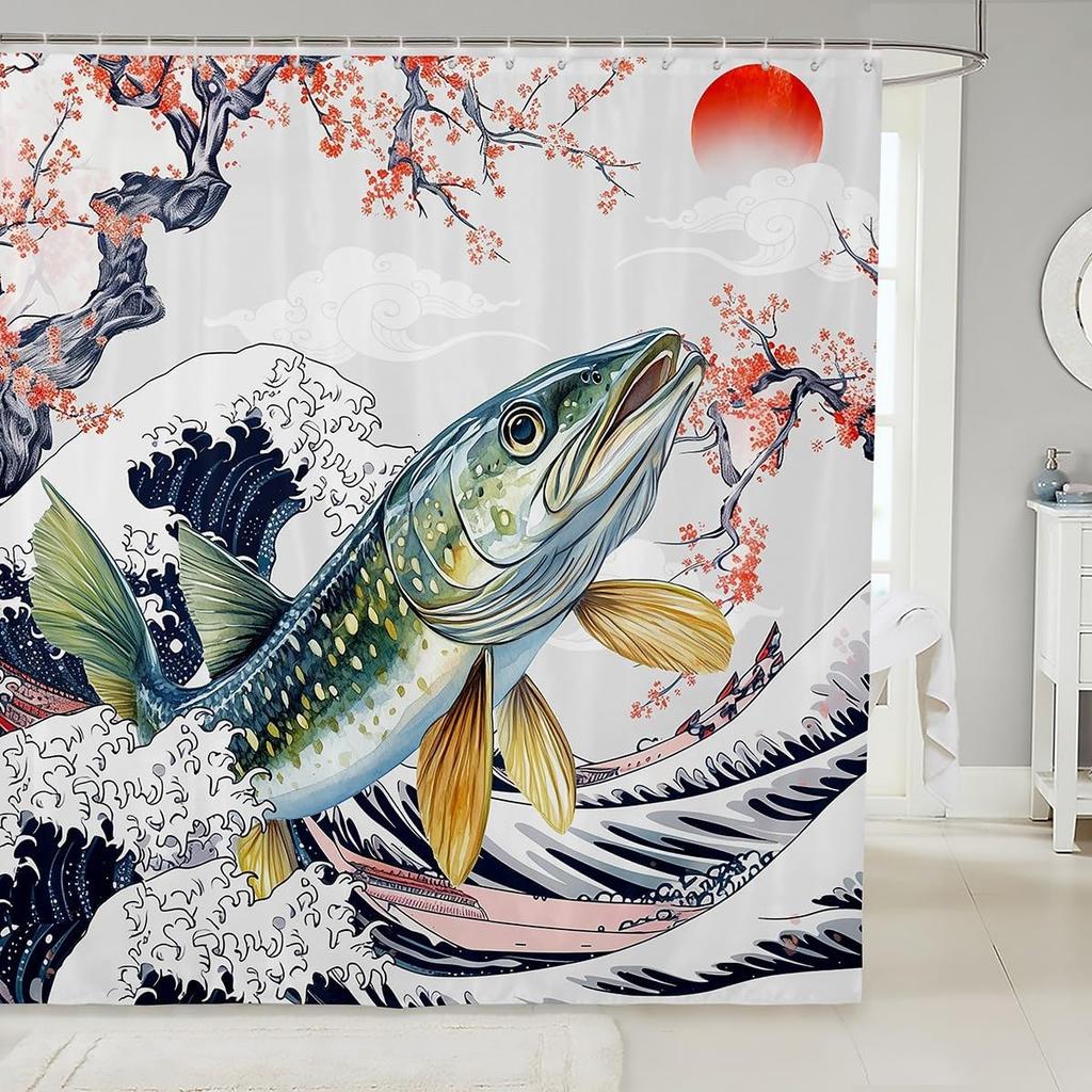 Cartoon Lion Shower Curtain for Kids Boys Girls Japanese Style Waterproof Bathroom Curtain, Vintage Ukiyoe Bath Curtain Ocean