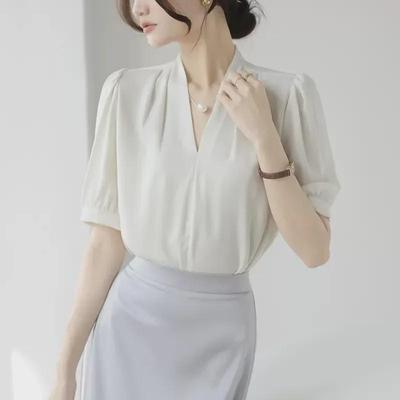 Women's Satin Drapey Short-Sleeve Shirt - 2025 Summer French Style Professional Top
