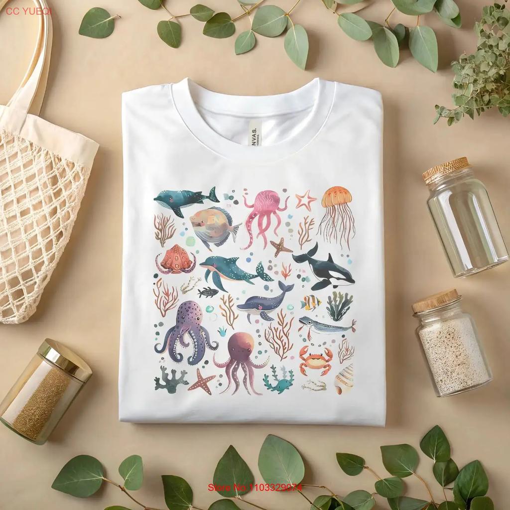 Ocean Animals T Shirt Sea Life Illustration Marine Creatures A63 Vintage Washed Breathable Fashion Homme Top For Everyday Wear