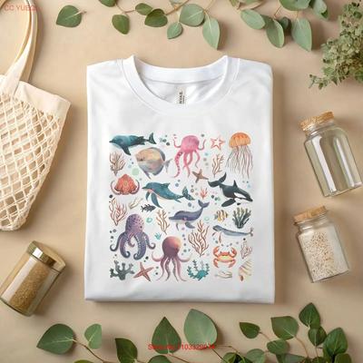 Ocean Animals T Shirt Sea Life Illustration Marine Creatures A63 Vintage Washed Breathable Fashion Homme Top For Everyday Wear