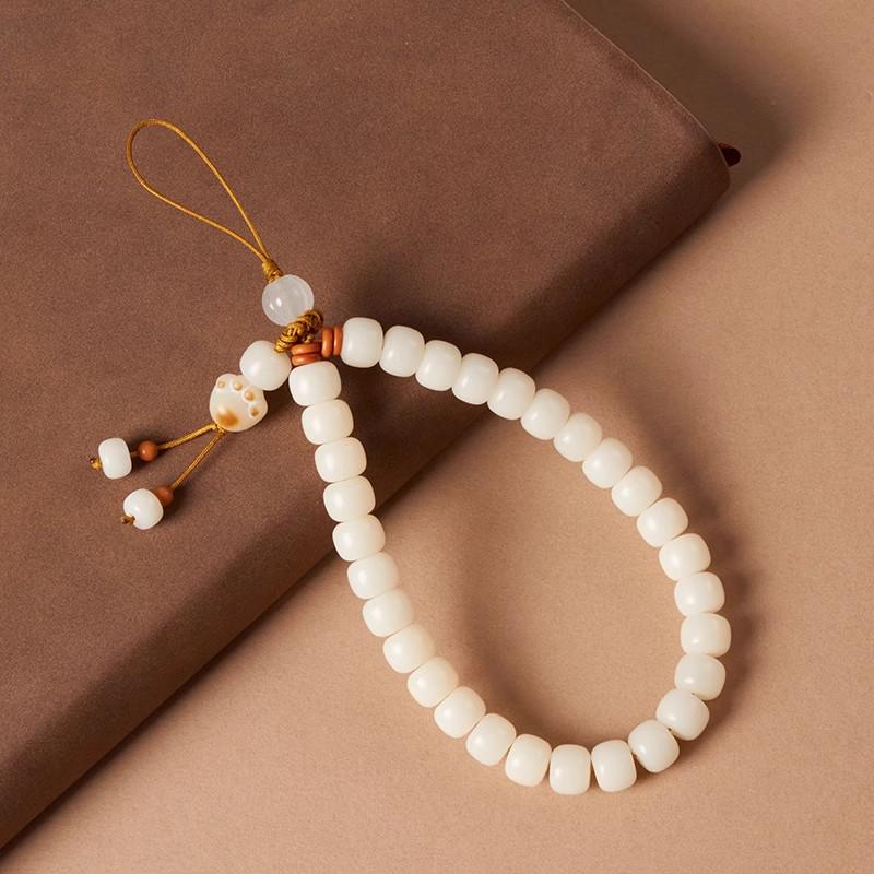 White Bodhi Cat Paw Beaded Phone Wrist Strap Lanyard Charm