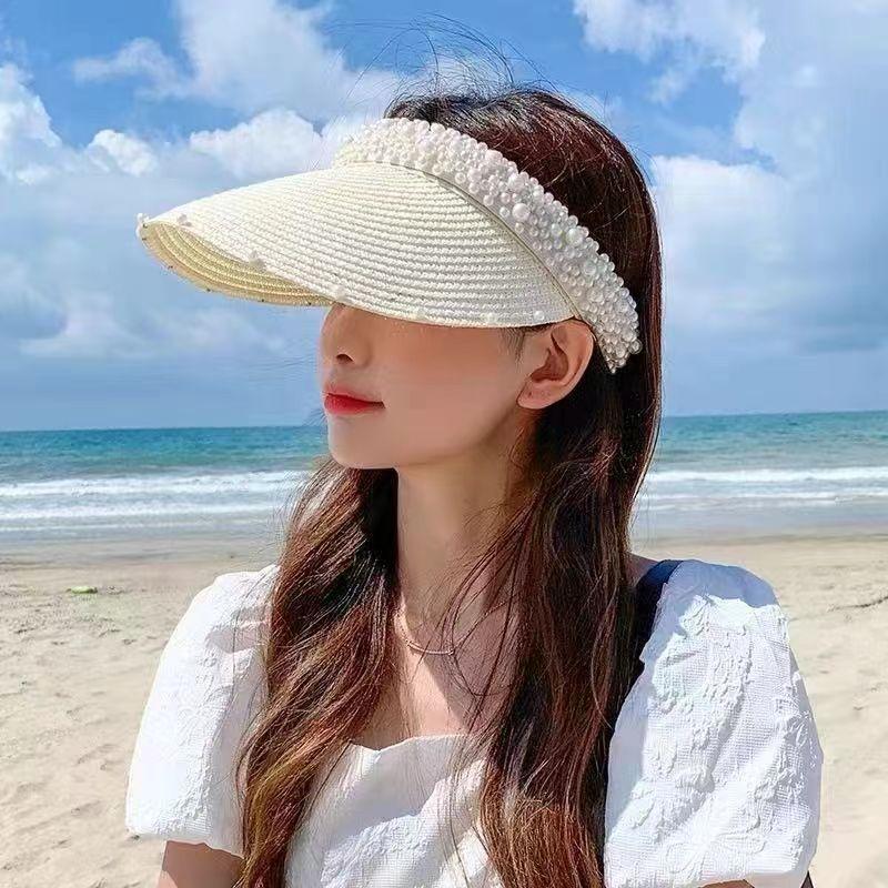 Hat women's summer new face small pearl empty top hat spring and summer cap fashion sunscreen cap breathable sun hat