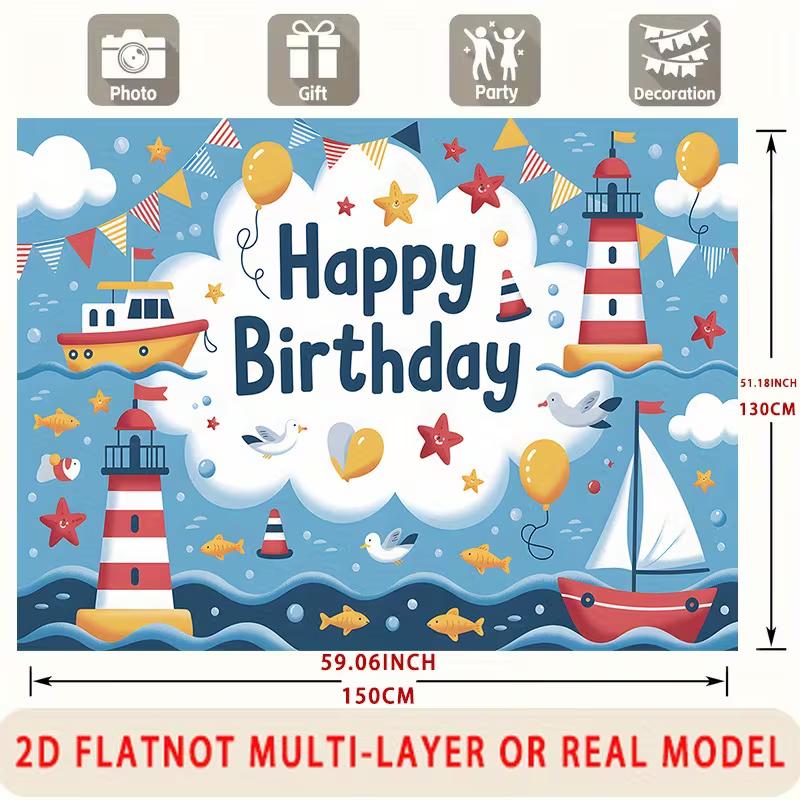 2D Ocean Nautical Birthday Backdrop Banner Cartoon Sea Theme Party Decoration