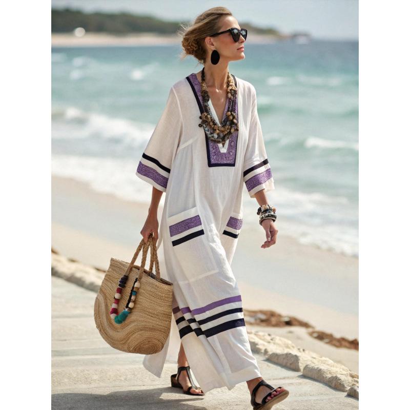 3D digital printing V-neck five-quarter sleeve long pocket Kaftan dress