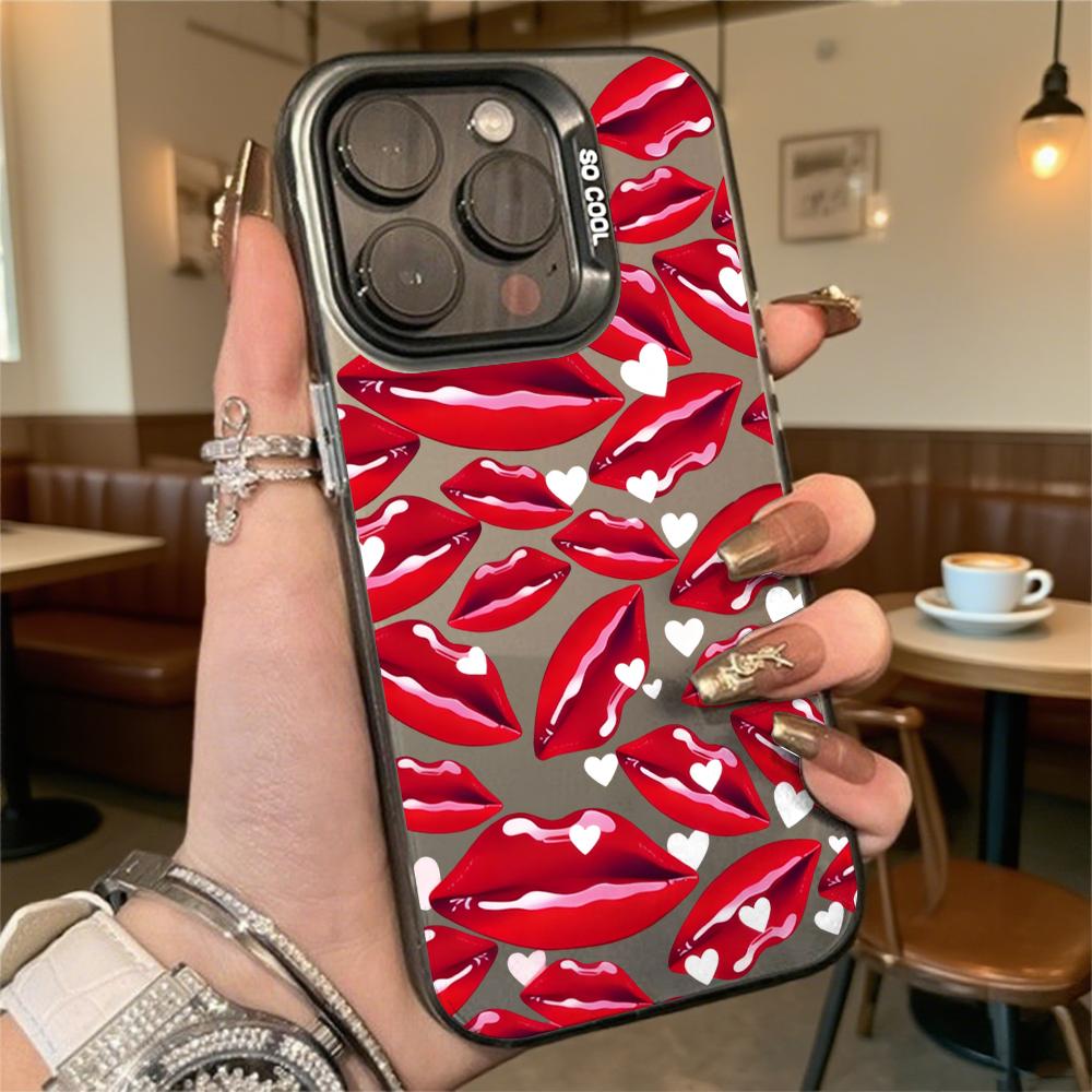 Red Lips with Heart Accents Hard Phone Case for Iphone 16 15 14 13 12 11 Pro Max Mini Shockproof Anti-Scratch Protective Cover