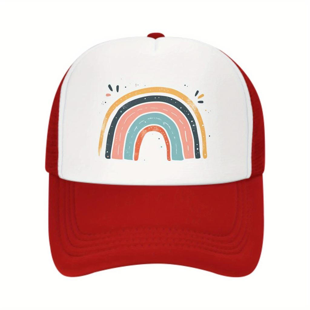 Rainbow Graphic Trucker Hat Pink Mesh Back Adjustable Baseball Cap Breathable Summer Outdoor Sports Cap