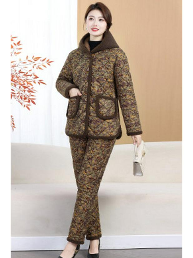 Women's Quilted Winter Pajama Set - Grandma's Warm Cotton Jacket & Velvet Pants