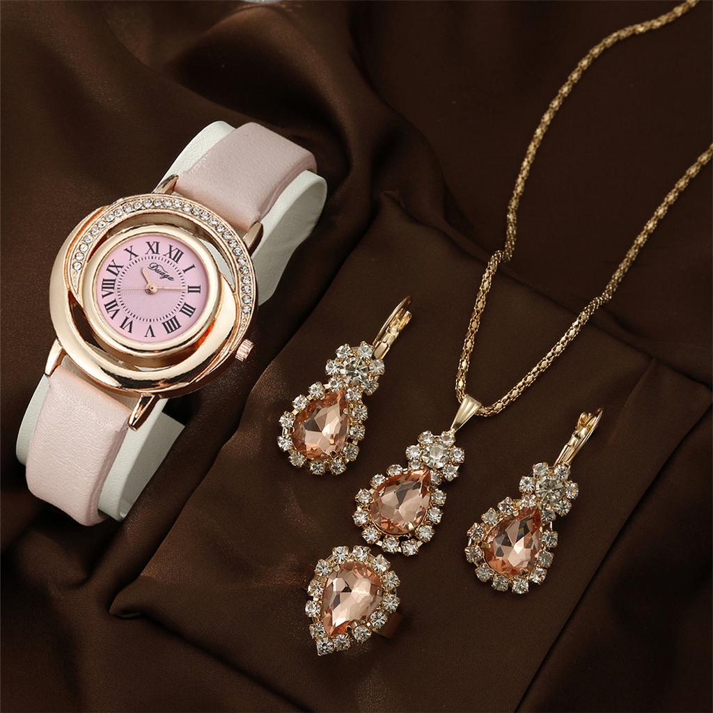 Women Quartz Watch Ring Necklace Earring Rhinestone Wristwatch Watches