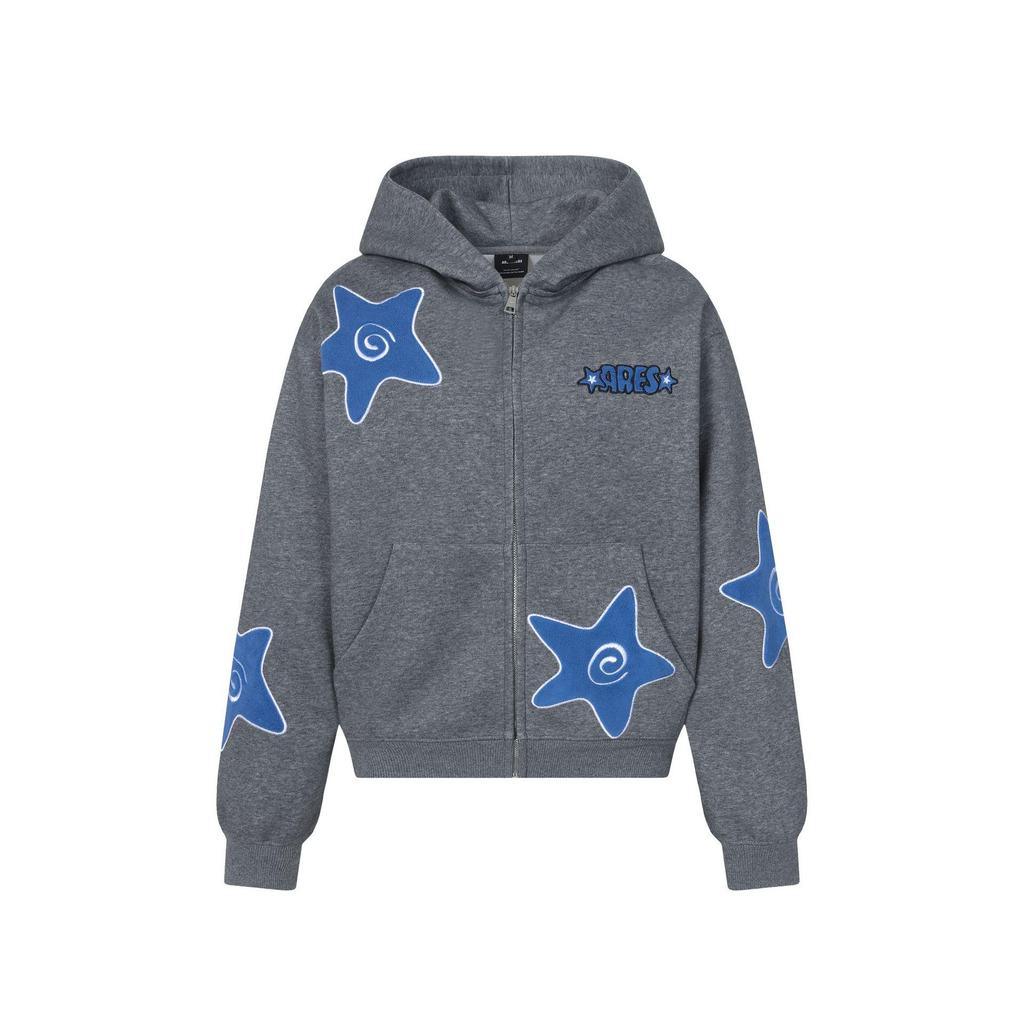 ARES 26 Heavyweight Fleece-Lined Men's Swirl Star Zipper Cardigan Hoodie - Embroidered, 400g Spring Style