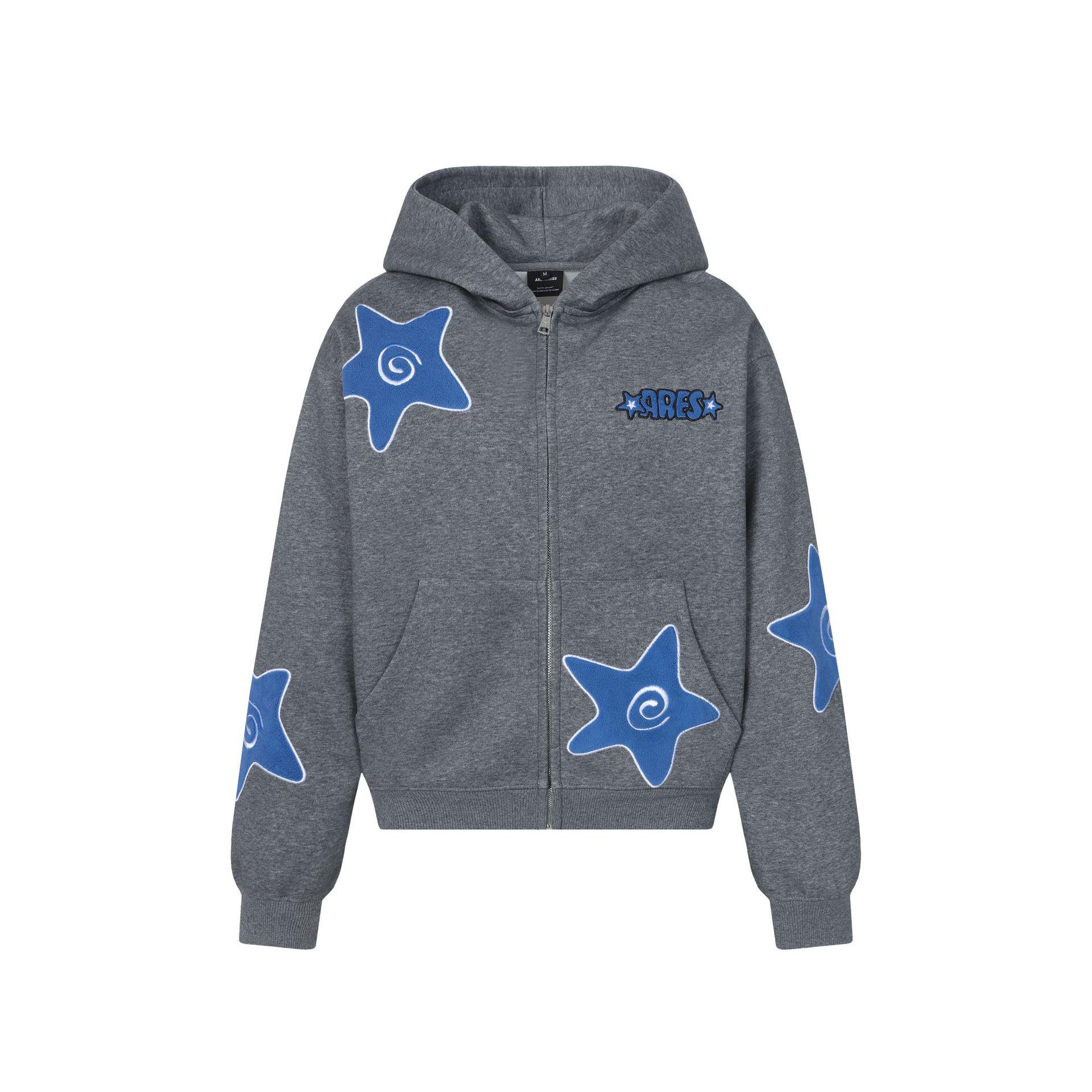 ARES 26 Heavyweight Fleece-Lined Men s Swirl Star Zipper Cardigan Hoodie - Embroidered, 400g Spring Style Medium