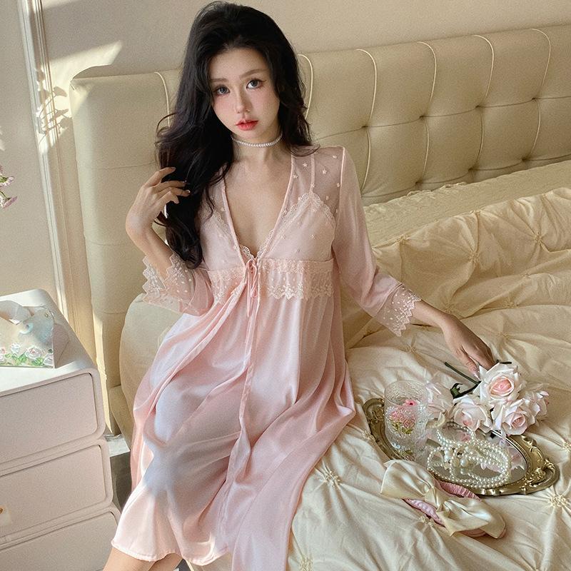Sexy Pajamas Women Ice Ribbon Chest Pad French Silk Suspender Pajamas Pajamas Medium and Long Pure Desire Mesh Lace
