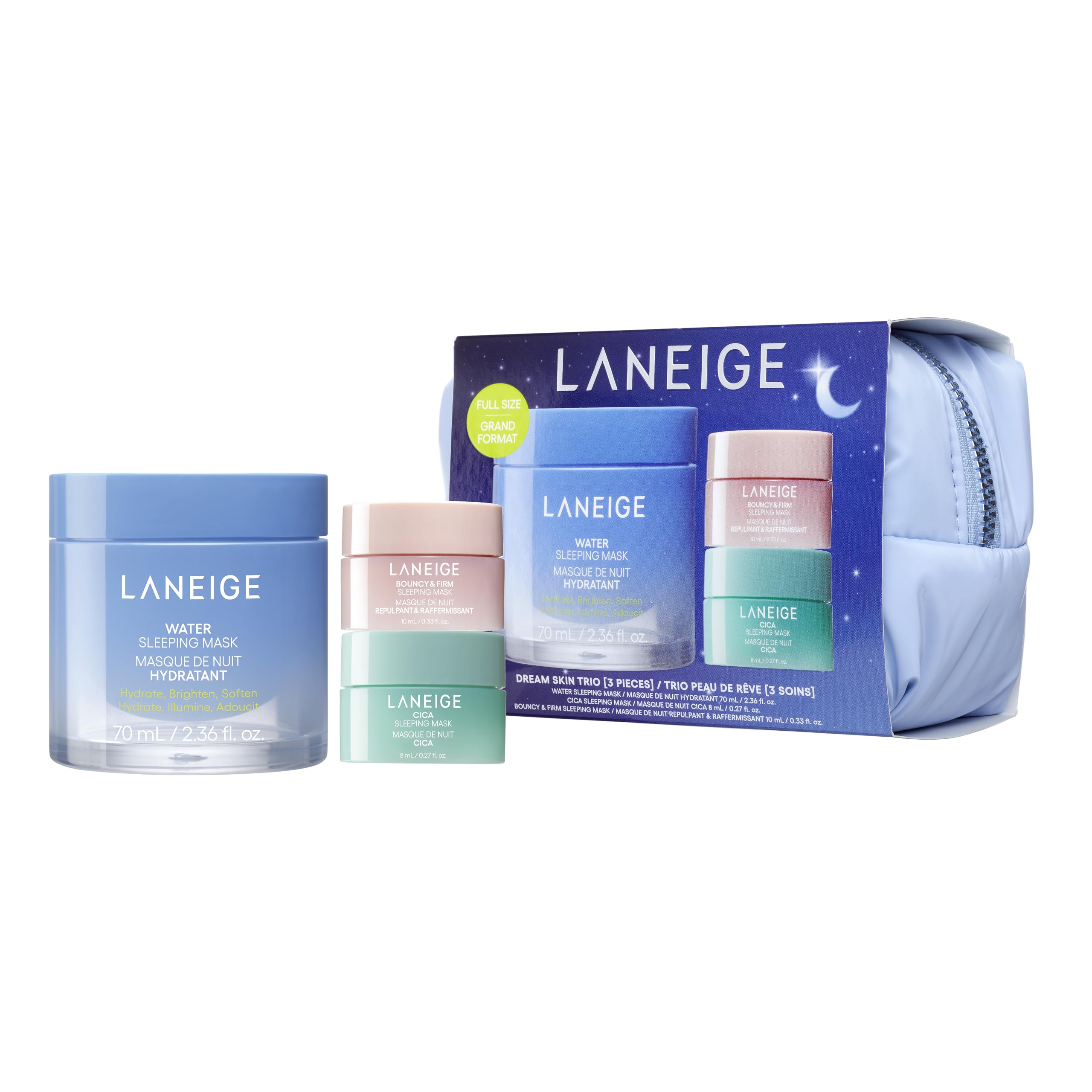Laneige Sleeping Mask Trio Set: Night Mask, Firming, Pore Minimizing, Elasticity, Lifting Cream, Moisture, Hydration, Ceramide, Niacinamide, Cica Pack