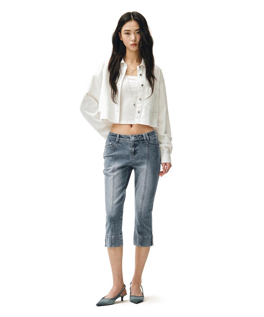 Deketeuumeon Cropped Damage Denim Shirts Dcwsh004White