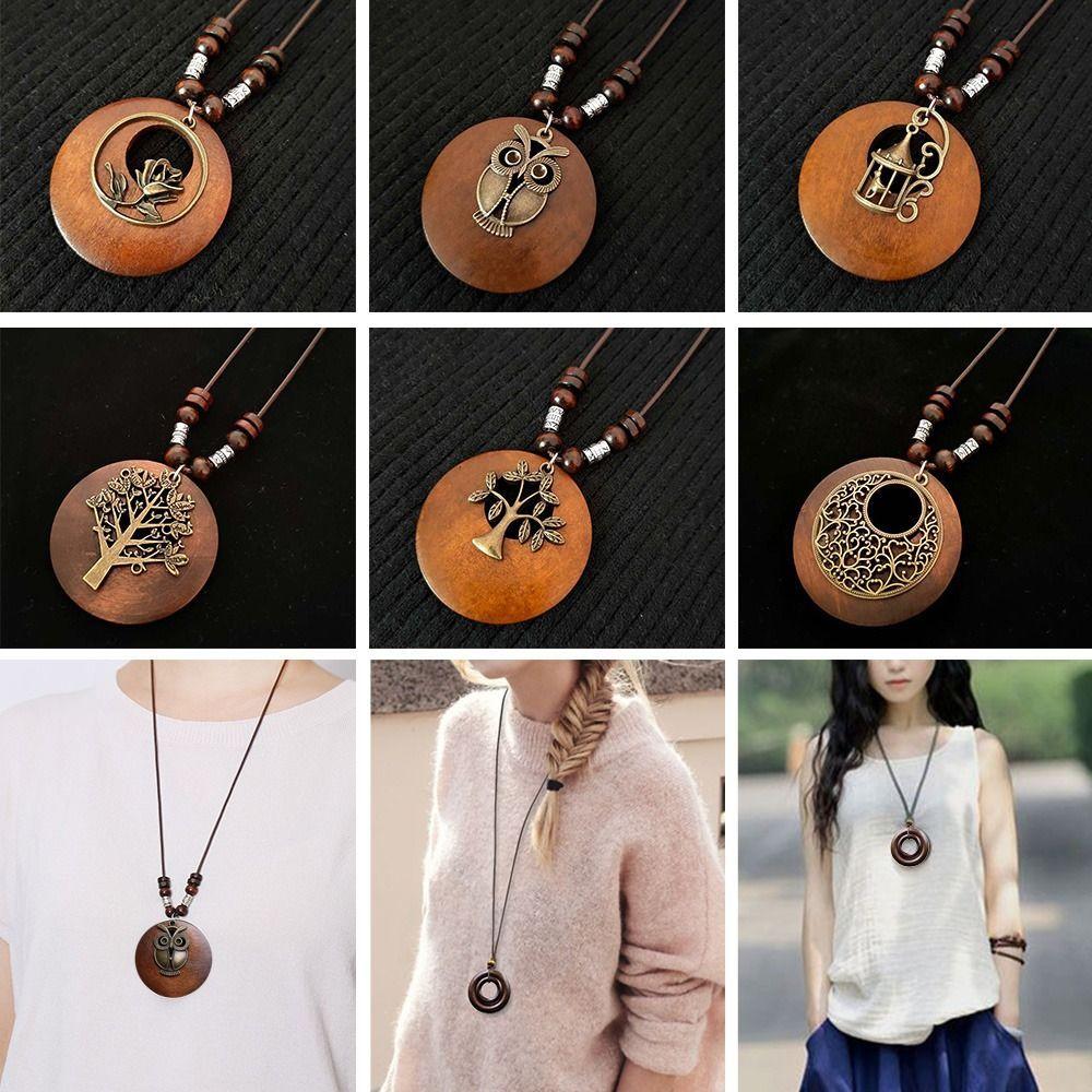 Retro Legno Foglia Gufo Lunga Catena Maglione Etnica Collana Rotonda Donne Ciondolo Orologio Gioielli Femminili Accessori per il Collo Regali Collare