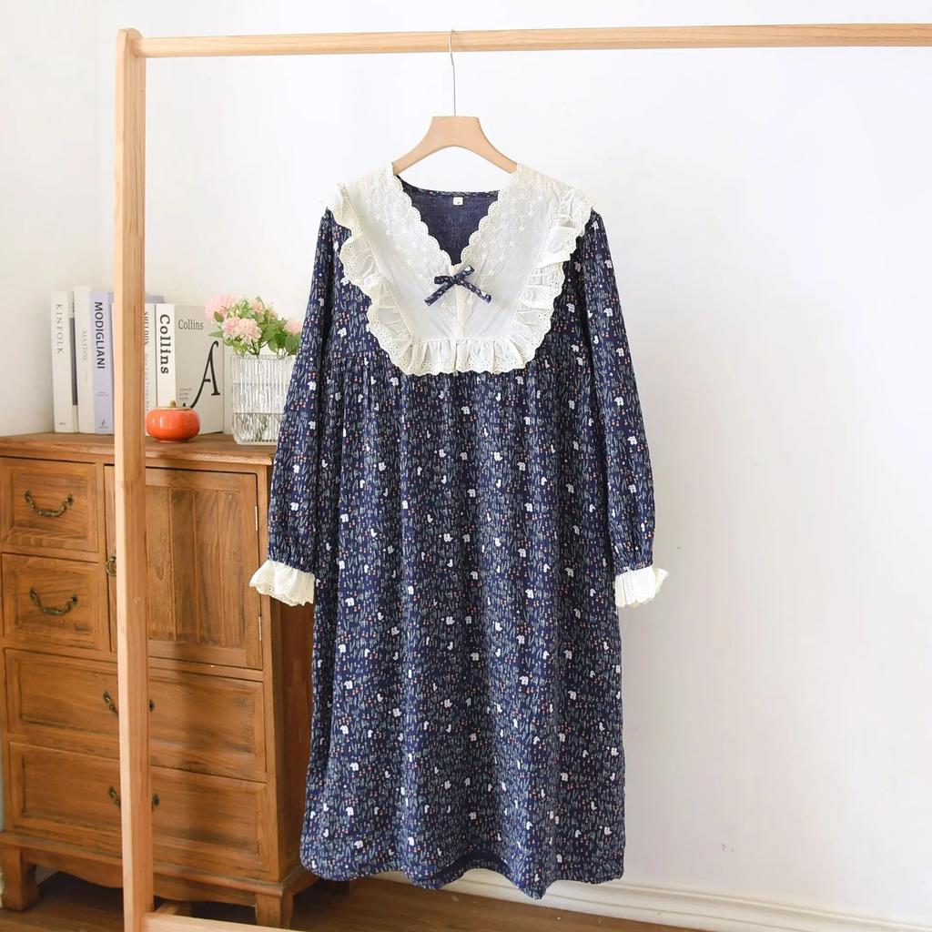 Spring and Fall Women's Cotton Long Sleeved Nightgown Simple Plus Size Double-layer Gauze Lace Design Night Wear Dress Outfit