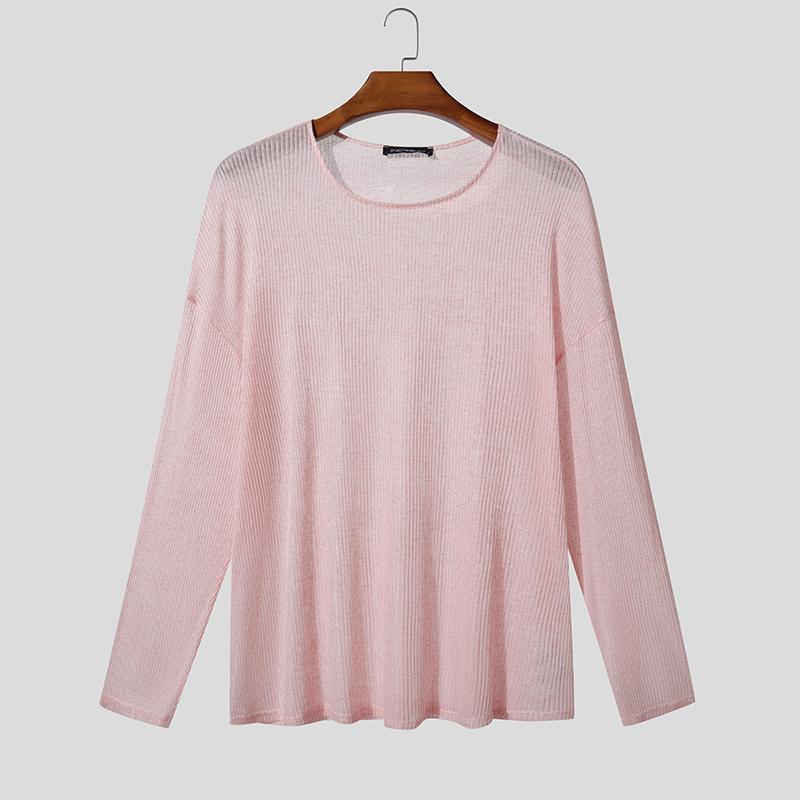 INCERUN Men Scoop Neck Long Sleeve Loose See Through Rib Undershirts Basics Tops