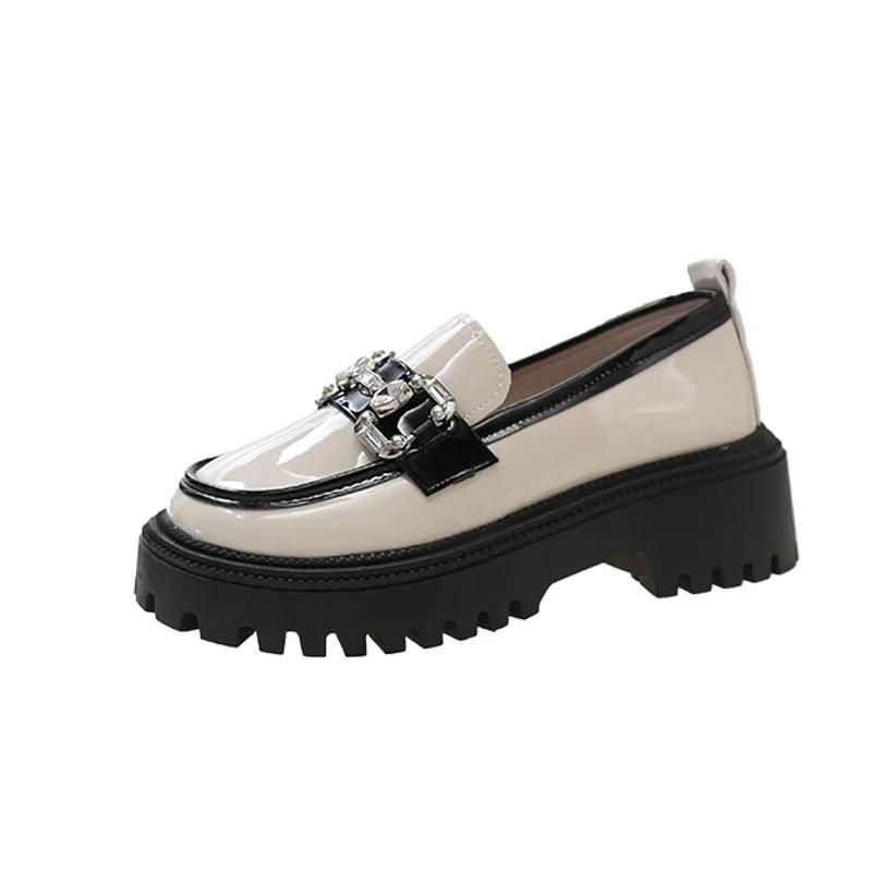 Women's British Style Loafers 35-40 Round Head Square Heel Color Blocking Thick Bottom Leather Shoes Comfortable Commuting Shoes