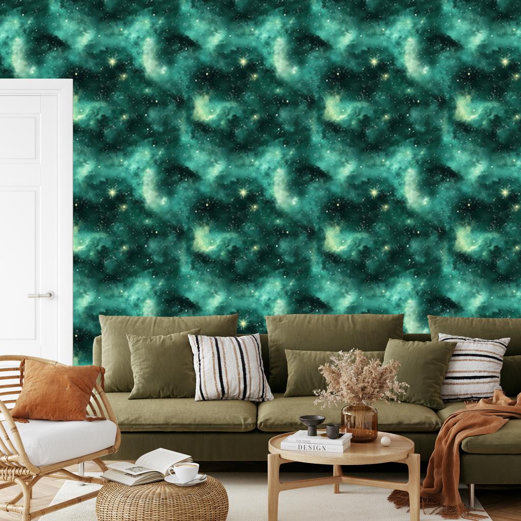 Watercolor Galaxy Sea and Mint Wallpaper for Living Room and Bedroom 50x1000