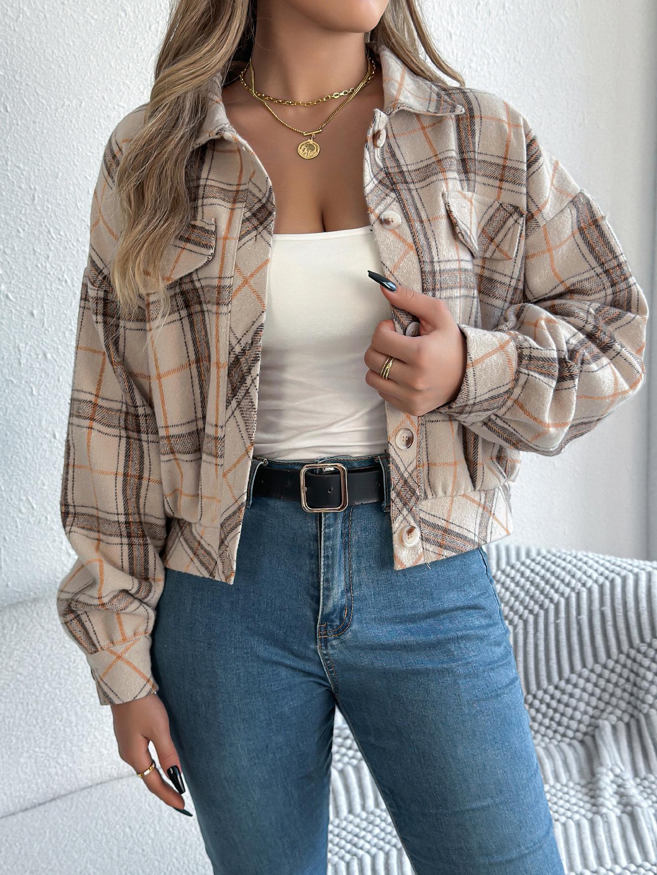 Women S Casual Plaid Long Sleeve Jacket For Autumn Winter S абрикосовый