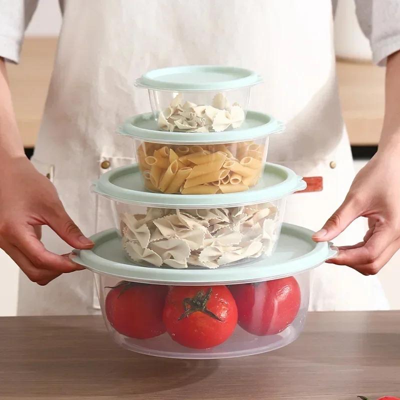 Round Food Fresh Keeping Box with Lids Plastic Grains Storage Jar Microwaveable High Temperature Resistant 250/550/1100/2050ml