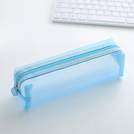 Solid Color Zipper Transparent Mesh Pencil Case Pen Storage Bag Student Gift