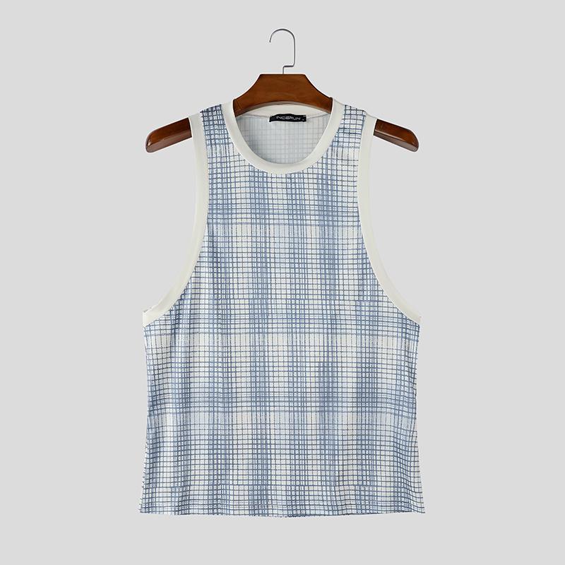 INCERUN Men Sleeveless Plaid Print Casual Sport Athletic Long Tank Tops Vest
