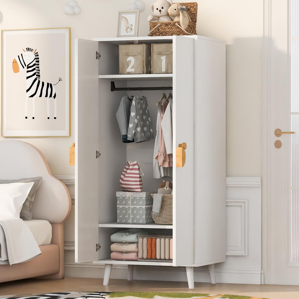 Wardrobe 70 × 55 × 170 Cm, Double Door Design with Large Storage Compartments, Cartoon-shaped Handles and Raised Feet, White