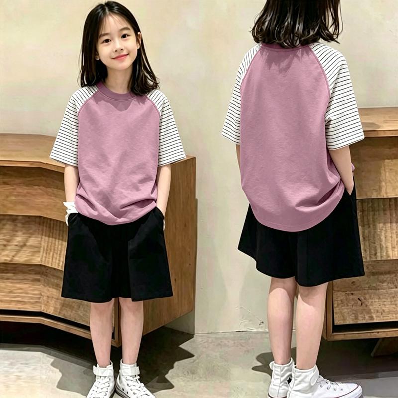 Girls' Cotton Striped Patchwork Short-Sleeve Two-Piece T-Shirt Set for Summer
