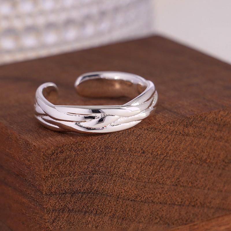 Adjustable Open Ring Women With Zircon Stone Inlay Geometric Design Minimalist Sweet Style Silver-tone irregular plain band