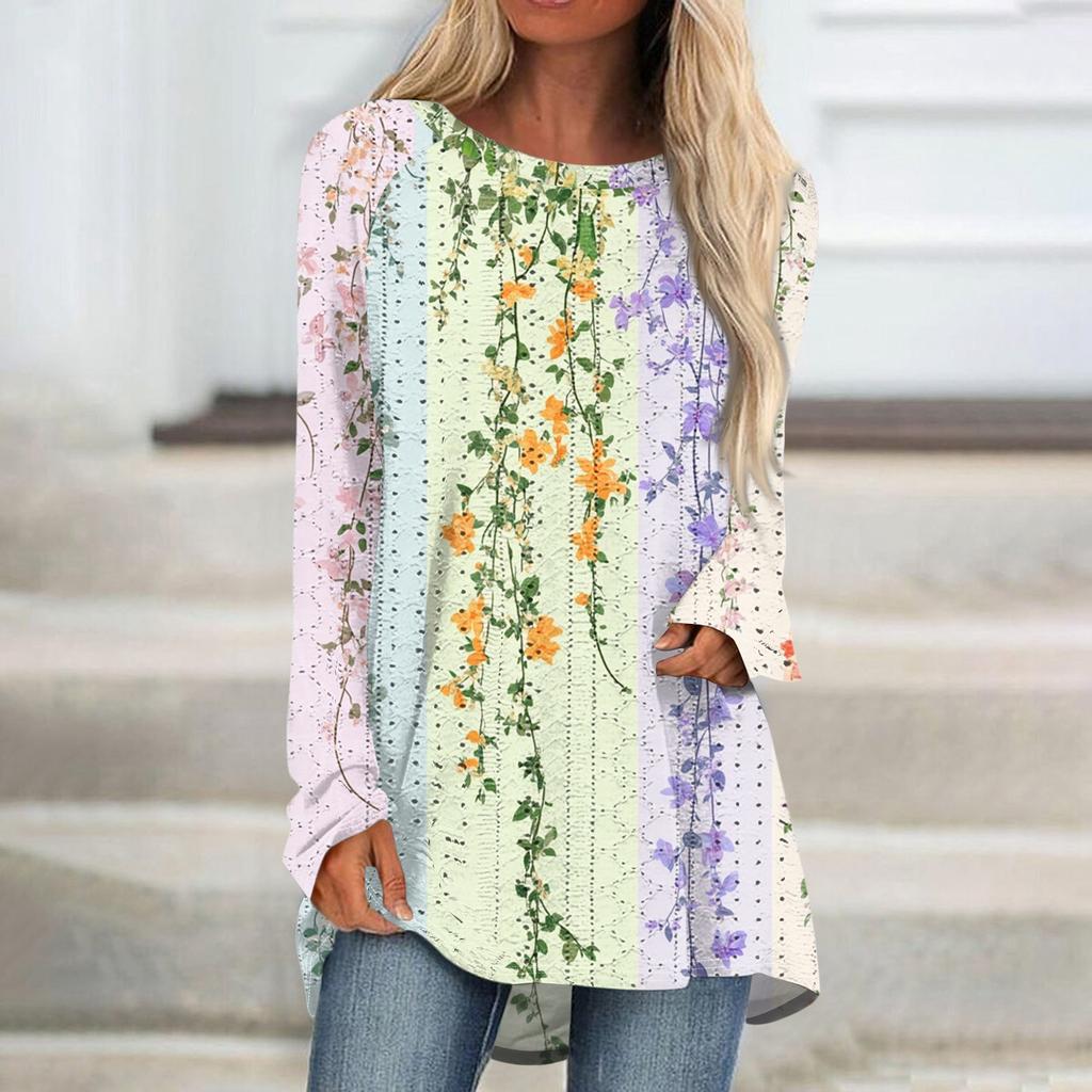 Damen Oberteile Rundhals Langarm Blusen Lässige Mittellange Hemden Mode Druck Tunika-Tops