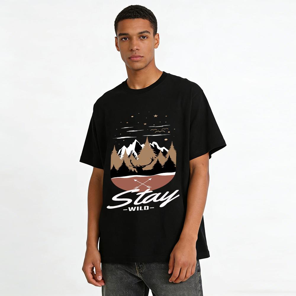 Outdoor Style Forest Deer Head Print Casual T-Shirt Pure cotton T-shirt