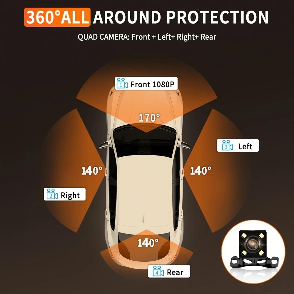 4Lens 360° Dash cam Voice 1080P Video Recorder Car DVR Recording camera Front left right Rear View Auto 4ch dashcam 24H Parking